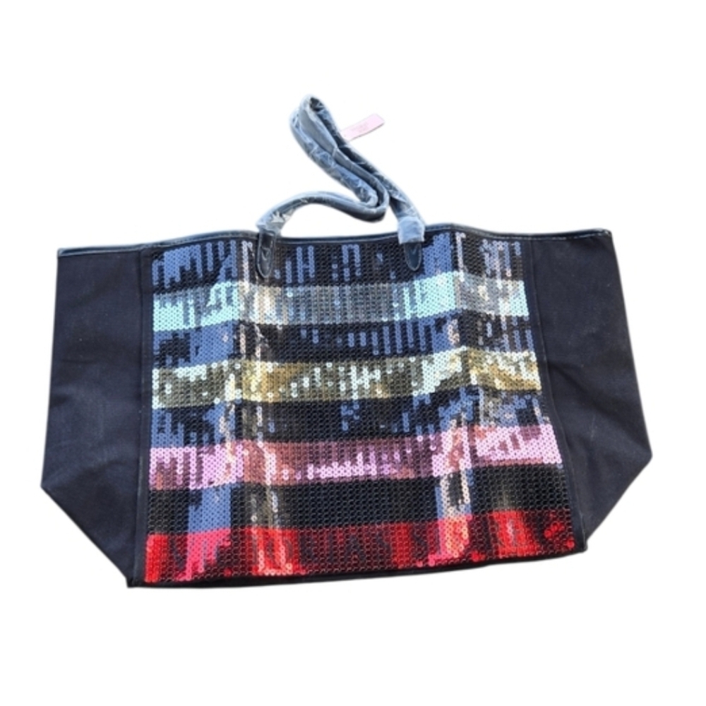 Victoria's Secret Black Tote with Multicolor Sequin Stripes